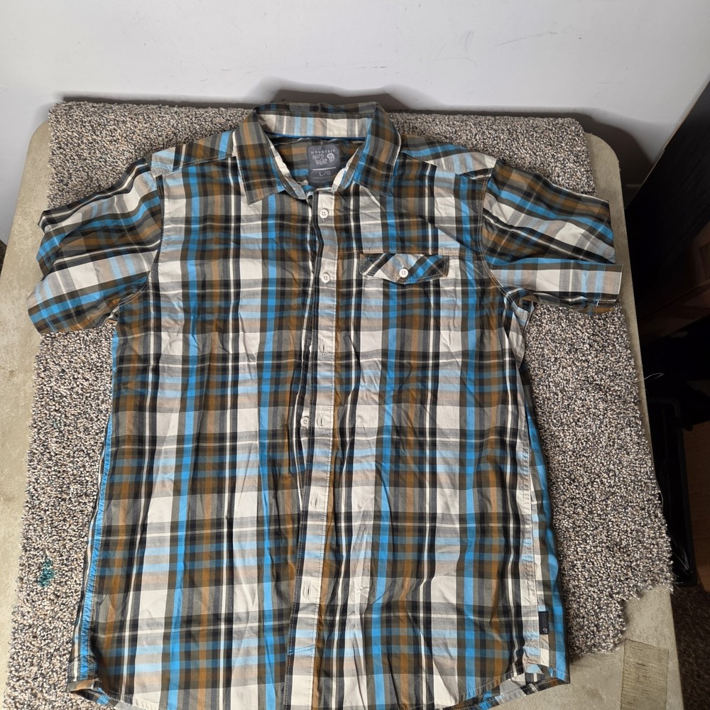 Mountain Hardwear Mens Large Blue Brown Plaid Short Sleeve Button Up Shirt